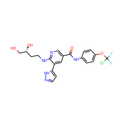 O=C(Nc1ccc(OC(F)(F)Cl)cc1)c1cnc(NCC[C@@H](O)CO)c(-c2ccn[nH]2)c1 ZINC000224392664