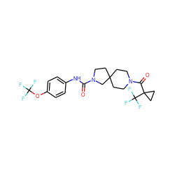 O=C(Nc1ccc(OC(F)(F)F)cc1)N1CCC2(CCN(C(=O)C3(C(F)(F)F)CC3)CC2)C1 ZINC000096285143