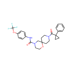 O=C(Nc1ccc(OC(F)(F)F)cc1)N1CCOC2(CCN(C(=O)C3(c4ccccc4)CC3)CC2)C1 ZINC000103230979