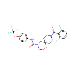 O=C(Nc1ccc(OC(F)(F)F)cc1)N1CCOC2(CCN(C(=O)c3c(F)cccc3F)CC2)C1 ZINC000103230985