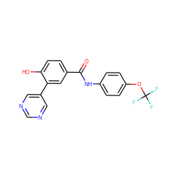 O=C(Nc1ccc(OC(F)(F)F)cc1)c1ccc(O)c(-c2cncnc2)c1 ZINC000205918704