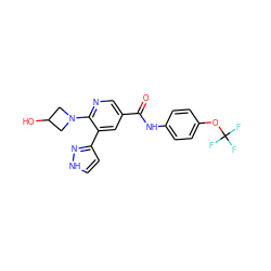 O=C(Nc1ccc(OC(F)(F)F)cc1)c1cnc(N2CC(O)C2)c(-c2cc[nH]n2)c1 ZINC001772596352