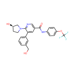 O=C(Nc1ccc(OC(F)(F)F)cc1)c1cnc(N2CC[C@@H](O)C2)c(-c2cccc(CO)c2)c1 ZINC000224445380