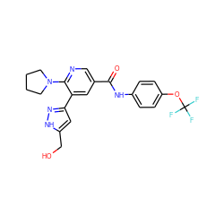 O=C(Nc1ccc(OC(F)(F)F)cc1)c1cnc(N2CCCC2)c(-c2cc(CO)[nH]n2)c1 ZINC001772578024