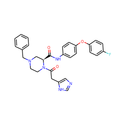 O=C(Nc1ccc(Oc2ccc(F)cc2)cc1)[C@@H]1CN(Cc2ccccc2)CCN1C(=O)Cc1cnc[nH]1 ZINC000084634507