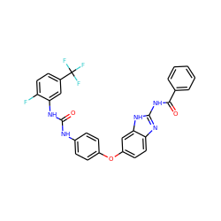 O=C(Nc1ccc(Oc2ccc3nc(NC(=O)c4ccccc4)[nH]c3c2)cc1)Nc1cc(C(F)(F)F)ccc1F ZINC000014965588