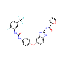 O=C(Nc1ccc(Oc2ccc3nc(NC(=O)c4ccco4)[nH]c3c2)cc1)Nc1cc(C(F)(F)F)ccc1F ZINC000014965596