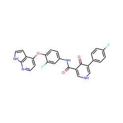 O=C(Nc1ccc(Oc2ccnc3[nH]ccc23)c(F)c1)c1c[nH]cc(-c2ccc(F)cc2)c1=O ZINC000040848819