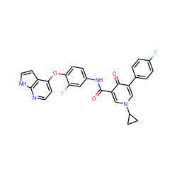 O=C(Nc1ccc(Oc2ccnc3[nH]ccc23)c(F)c1)c1cn(C2CC2)cc(-c2ccc(F)cc2)c1=O ZINC000040860300