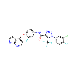 O=C(Nc1ccc(Oc2ccnc3[nH]ccc23)c(F)c1)c1nnn(-c2ccc(F)c(Cl)c2)c1C(F)(F)F ZINC000653730829