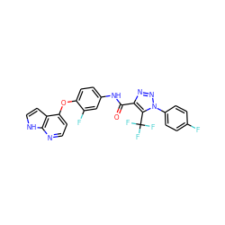 O=C(Nc1ccc(Oc2ccnc3[nH]ccc23)c(F)c1)c1nnn(-c2ccc(F)cc2)c1C(F)(F)F ZINC000653717558