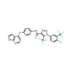 O=C(Nc1ccc(Oc2ccnc3[nH]ccc23)cc1)c1nnn(-c2ccc(Cl)c(C(F)(F)F)c2)c1C(F)(F)F ZINC000653746407