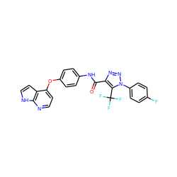 O=C(Nc1ccc(Oc2ccnc3[nH]ccc23)cc1)c1nnn(-c2ccc(F)cc2)c1C(F)(F)F ZINC000653723277