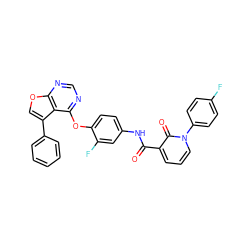 O=C(Nc1ccc(Oc2ncnc3occ(-c4ccccc4)c23)c(F)c1)c1cccn(-c2ccc(F)cc2)c1=O ZINC000072112220