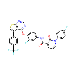 O=C(Nc1ccc(Oc2ncnc3scc(-c4ccc(C(F)(F)F)cc4)c23)c(F)c1)c1cccn(-c2ccc(F)cc2)c1=O ZINC000072112958