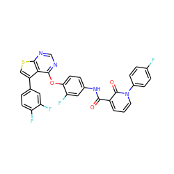 O=C(Nc1ccc(Oc2ncnc3scc(-c4ccc(F)c(F)c4)c23)c(F)c1)c1cccn(-c2ccc(F)cc2)c1=O ZINC000072111461