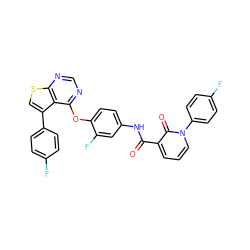 O=C(Nc1ccc(Oc2ncnc3scc(-c4ccc(F)cc4)c23)c(F)c1)c1cccn(-c2ccc(F)cc2)c1=O ZINC000072142870