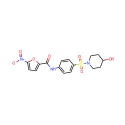 O=C(Nc1ccc(S(=O)(=O)N2CCC(O)CC2)cc1)c1ccc([N+](=O)[O-])o1 ZINC000198454550