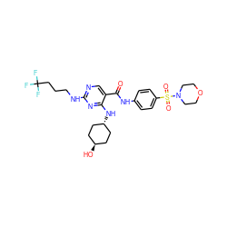 O=C(Nc1ccc(S(=O)(=O)N2CCOCC2)cc1)c1cnc(NCCCC(F)(F)F)nc1N[C@H]1CC[C@H](O)CC1 ZINC000261182066