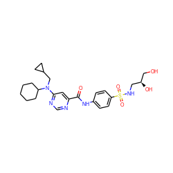 O=C(Nc1ccc(S(=O)(=O)NC[C@H](O)CO)cc1)c1cc(N(CC2CC2)C2CCCCC2)ncn1 ZINC000144574066