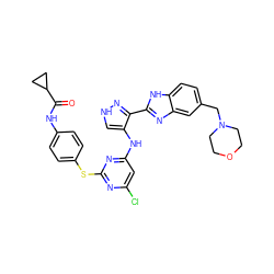 O=C(Nc1ccc(Sc2nc(Cl)cc(Nc3c[nH]nc3-c3nc4cc(CN5CCOCC5)ccc4[nH]3)n2)cc1)C1CC1 ZINC000096271632