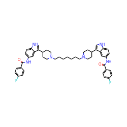 O=C(Nc1ccc2[nH]cc(C3CCN(CCCCCCCN4CCC(c5c[nH]c6ccc(NC(=O)c7ccc(F)cc7)cc56)CC4)CC3)c2c1)c1ccc(F)cc1 ZINC000095615904