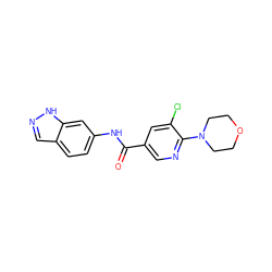 O=C(Nc1ccc2cn[nH]c2c1)c1cnc(N2CCOCC2)c(Cl)c1 ZINC000299831296