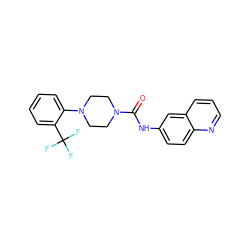 O=C(Nc1ccc2ncccc2c1)N1CCN(c2ccccc2C(F)(F)F)CC1 ZINC000028112443