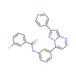 O=C(Nc1cccc(-c2ccnc3cc(-c4ccncc4)nn23)c1)c1cccc(Cl)c1 ZINC000049055565