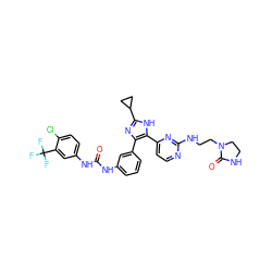 O=C(Nc1cccc(-c2nc(C3CC3)[nH]c2-c2ccnc(NCCN3CCNC3=O)n2)c1)Nc1ccc(Cl)c(C(F)(F)F)c1 ZINC000029042641