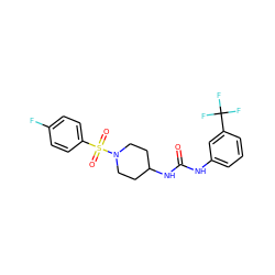 O=C(Nc1cccc(C(F)(F)F)c1)NC1CCN(S(=O)(=O)c2ccc(F)cc2)CC1 ZINC000008828959