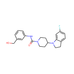 O=C(Nc1cccc(CO)c1)N1CCC(N2CCc3ccc(F)cc32)CC1 ZINC000218631332