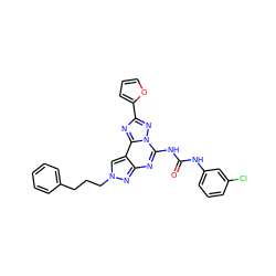 O=C(Nc1cccc(Cl)c1)Nc1nc2nn(CCCc3ccccc3)cc2c2nc(-c3ccco3)nn12 ZINC000013672045