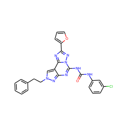 O=C(Nc1cccc(Cl)c1)Nc1nc2nn(CCc3ccccc3)cc2c2nc(-c3ccco3)nn12 ZINC000013672041