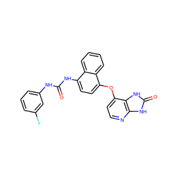 O=C(Nc1cccc(F)c1)Nc1ccc(Oc2ccnc3[nH]c(=O)[nH]c23)c2ccccc12 ZINC000040975766