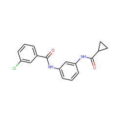 O=C(Nc1cccc(NC(=O)C2CC2)c1)c1cccc(Cl)c1 ZINC000012849449