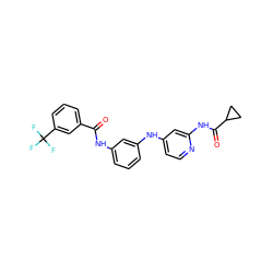 O=C(Nc1cccc(Nc2ccnc(NC(=O)C3CC3)c2)c1)c1cccc(C(F)(F)F)c1 ZINC000653842755