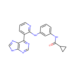 O=C(Nc1cccc(Nc2ncccc2-c2ncnc3[nH]cnc23)c1)C1CC1 ZINC000299840166