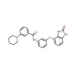 O=C(Nc1cccc(Oc2cccc3[nH]c(=O)[nH]c23)c1)c1cccc(N2CCCCC2)c1 ZINC000045366298