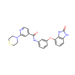 O=C(Nc1cccc(Oc2cccc3[nH]c(=O)[nH]c23)c1)c1ccnc(N2CCSCC2)c1 ZINC000045357995