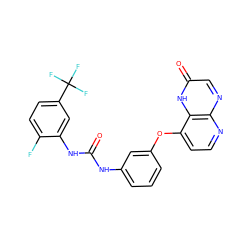 O=C(Nc1cccc(Oc2ccnc3ncc(=O)[nH]c23)c1)Nc1cc(C(F)(F)F)ccc1F ZINC000058563664