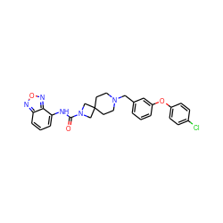 O=C(Nc1cccc2nonc12)N1CC2(CCN(Cc3cccc(Oc4ccc(Cl)cc4)c3)CC2)C1 ZINC000103263336