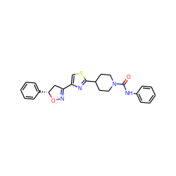 O=C(Nc1ccccc1)N1CCC(c2nc(C3=NO[C@H](c4ccccc4)C3)cs2)CC1 ZINC000117692253