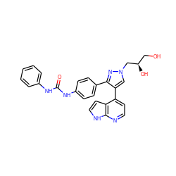 O=C(Nc1ccccc1)Nc1ccc(-c2nn(C[C@H](O)CO)cc2-c2ccnc3[nH]ccc23)cc1 ZINC000049115891