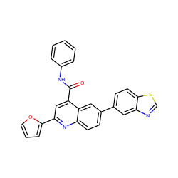 O=C(Nc1ccccc1)c1cc(-c2ccco2)nc2ccc(-c3ccc4scnc4c3)cc12 ZINC000150114951