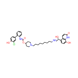 O=C(Nc1ccccc1-c1ccc(O)c(Cl)c1)OC1CCN(CCCCCCCCCNC[C@H](O)c2ccc(O)c3[nH]c(=O)ccc23)CC1 ZINC000473156040