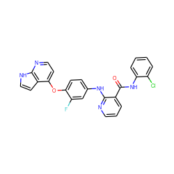 O=C(Nc1ccccc1Cl)c1cccnc1Nc1ccc(Oc2ccnc3[nH]ccc23)c(F)c1 ZINC000049114921