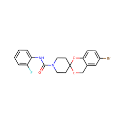 O=C(Nc1ccccc1F)N1CCC2(CC1)OCc1cc(Br)ccc1O2 ZINC000068267879