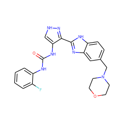 O=C(Nc1ccccc1F)Nc1c[nH]nc1-c1nc2cc(CN3CCOCC3)ccc2[nH]1 ZINC000040865521