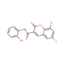 O=C(Nc1ccccc1O)c1cc2cc(Cl)cc(Br)c2oc1=O ZINC000653806075